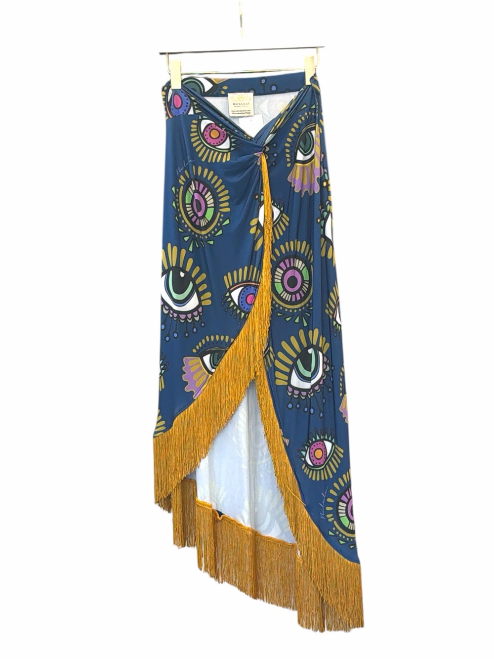 Bululu Wrap Maxi Skirt Womens Large Blue Evil Eye Fringe Trim Resort Wear NWT - Picture 2 of 7